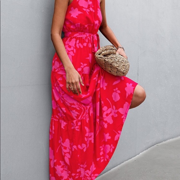 Plus Size Boho Red Pink Floral Print Halter Maxi Dress - Picture 6 of 9